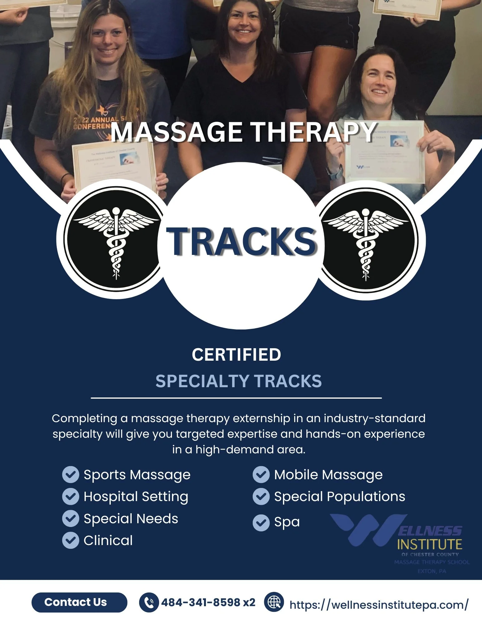 Graphic showing Wellness Institute students holding graduation certificates, overlaid with text for Certified Specialty Tracks including Sports Massage, Hospital Setting, Special Needs, Clinical, Mobile Massage, Special Populations, and Spa.