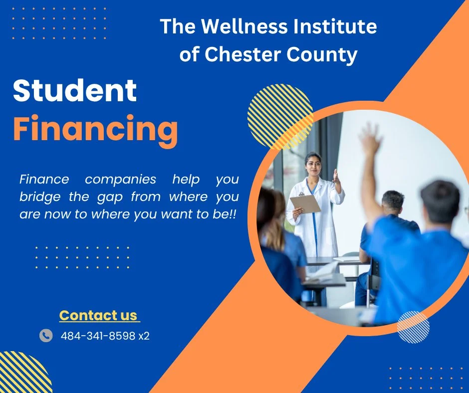 An advertisement for Student Financing from The Wellness Institute of Chester County, featuring a photo of a woman in medical attire speaking to students in a classroom, with one student raising their hand. The background has a blue and orange design with contact information.