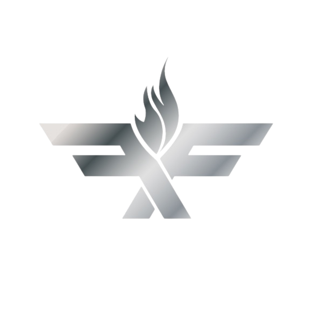 A stylized silver flame with wings behind it, and a cross at the base, set against a black background. Fire Forged Enterprise Logo.