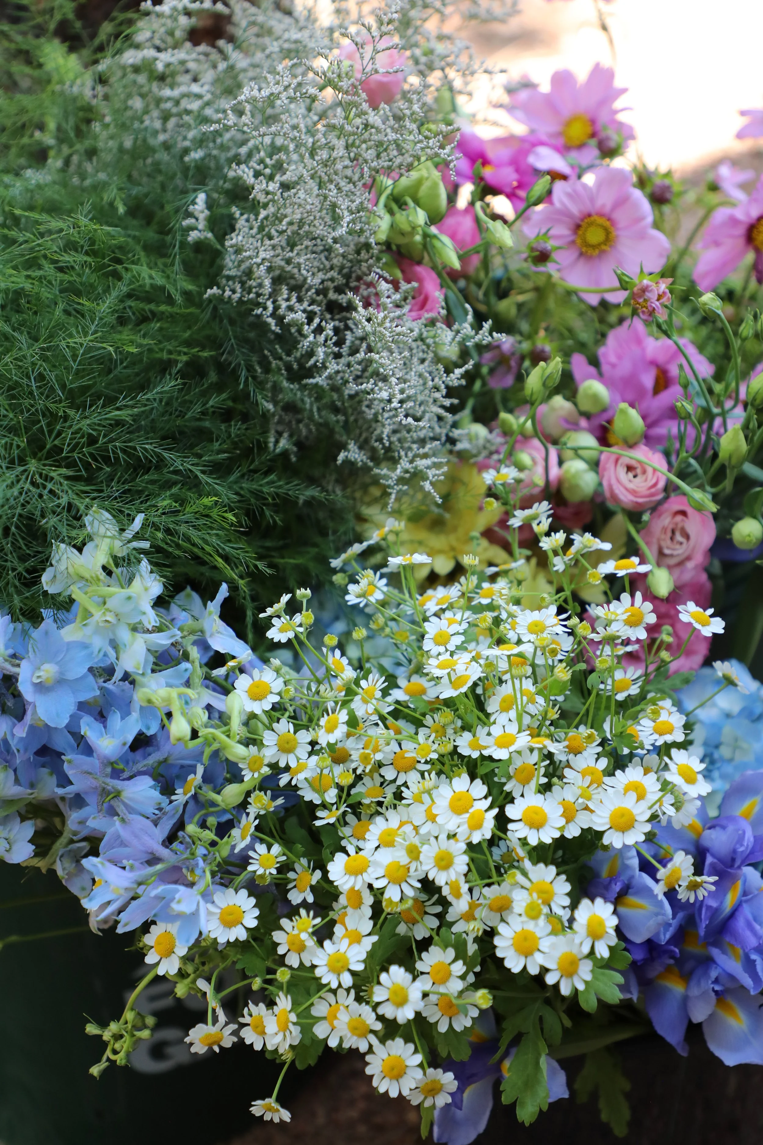 A vibrant bouquet of various flowers including white daisies, pink roses, purple petunias, and small white daisies, set against a blurred background of greenery and sunlight.