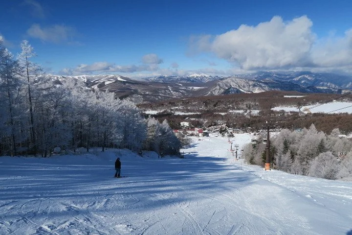 Snow-covered ski slope with a lone skier, surrounded by frosted trees, mountains in the distance under a partly cloudy sky.