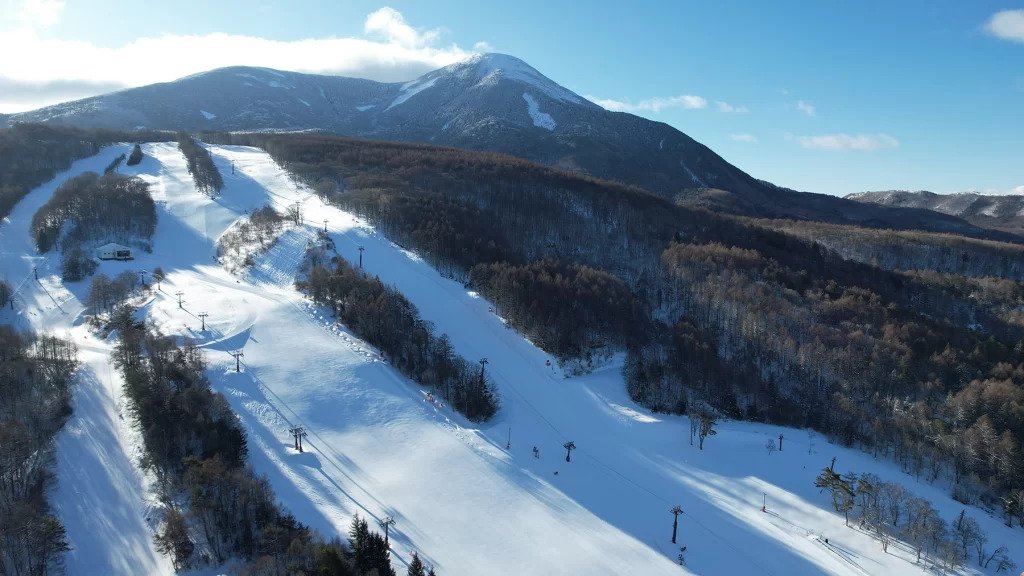 Snow-covered ski slopes with ski lift chairs, surrounded by trees, in front of a mountain with a partly cloudy sky.