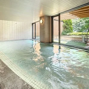 Indoor pool with large glass windows overlooking greenery outside.