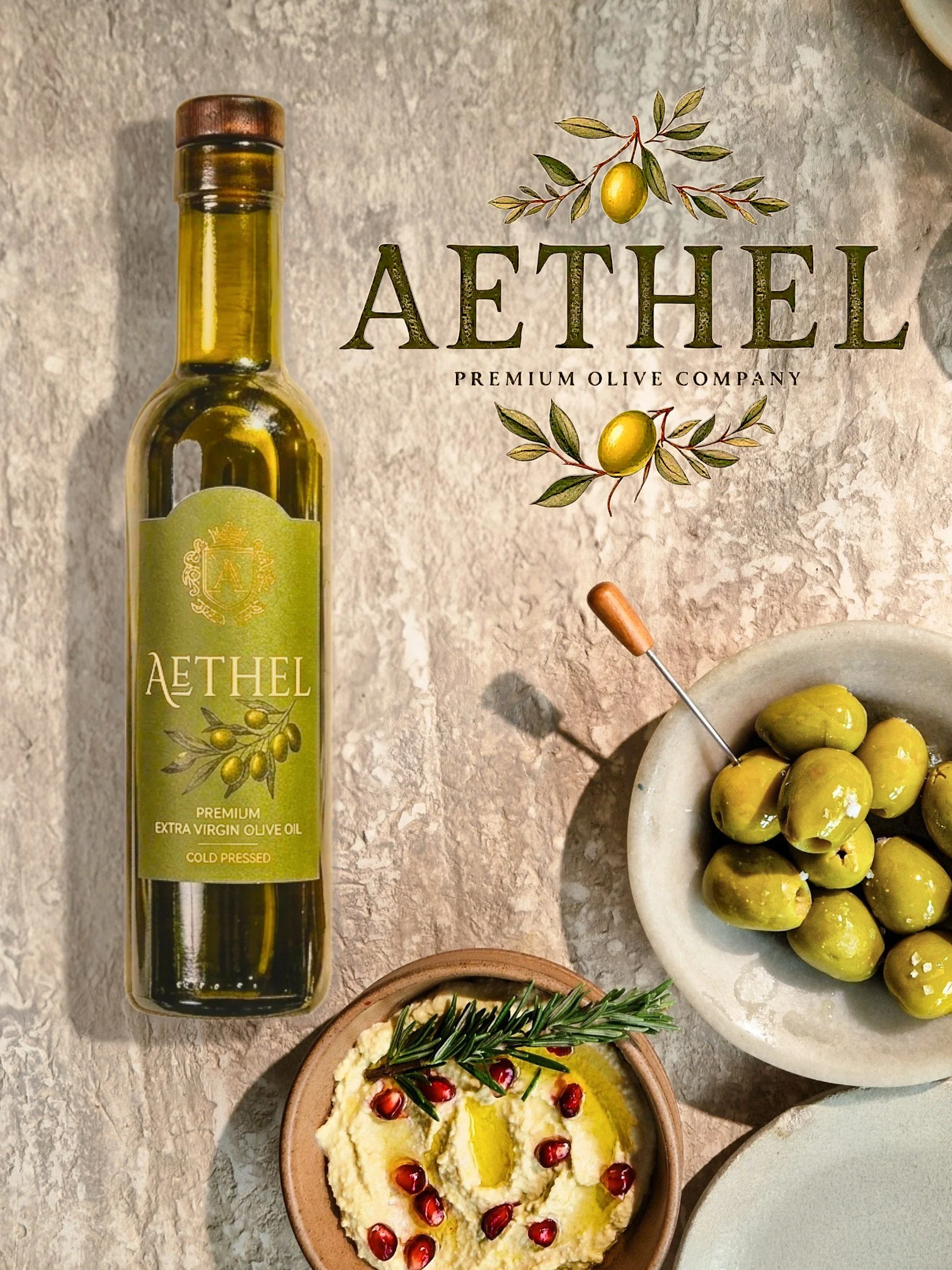 Bottle of Athel extra virgin olive oil placed on a textured surface next to a bowl of green olives, a bowl of creamy dip garnished with rosemary, pomegranate seeds, and olive oil, and a plate of green olives with a toothpick, with Athel logo and decorative olive branch artwork in the background.