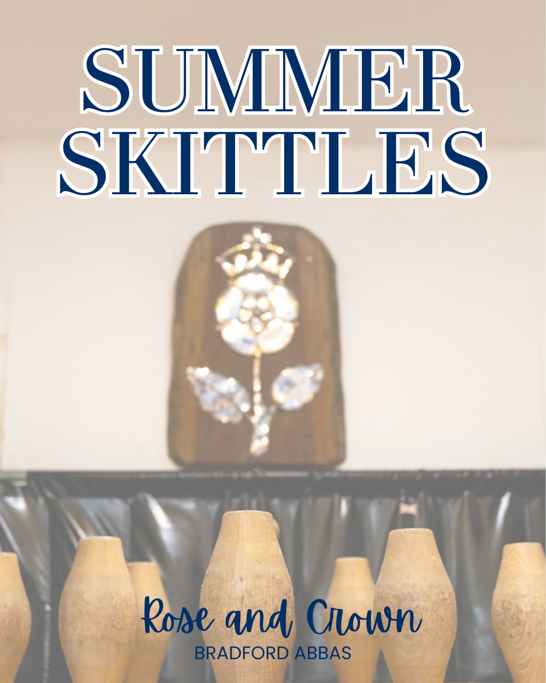 Book cover titled 'Summer Skittles' by Bradford Abbas, featuring a blurred background of wooden skittles and a wall decoration with a rose and crown design.