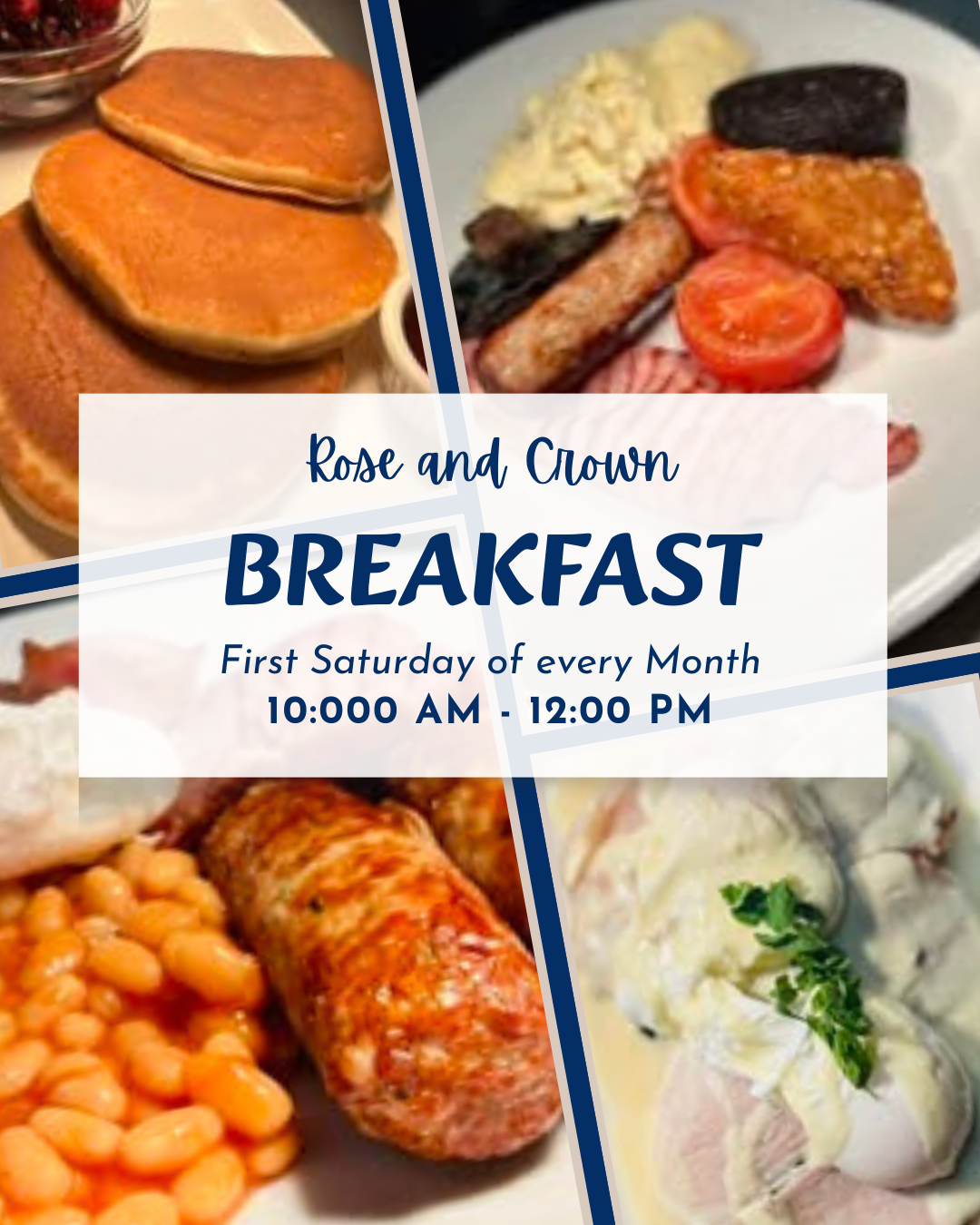 Image of breakfast foods, including pancakes with syrup, scrambled eggs with sausage, baked beans with a sausage link, and a dish with chicken and creamy sauce.