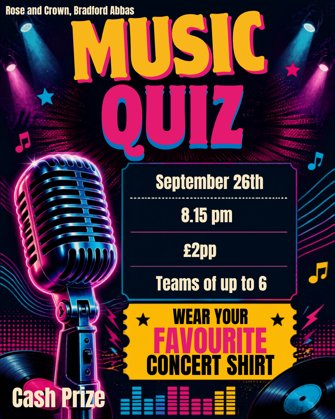 A vibrant promotional poster for a music quiz event featuring a neon microphone, colorful music notes, stars, and a digital equalizer display. Details include date, time, entry fee, team size, and a dress code to wear a favorite concert shirt.