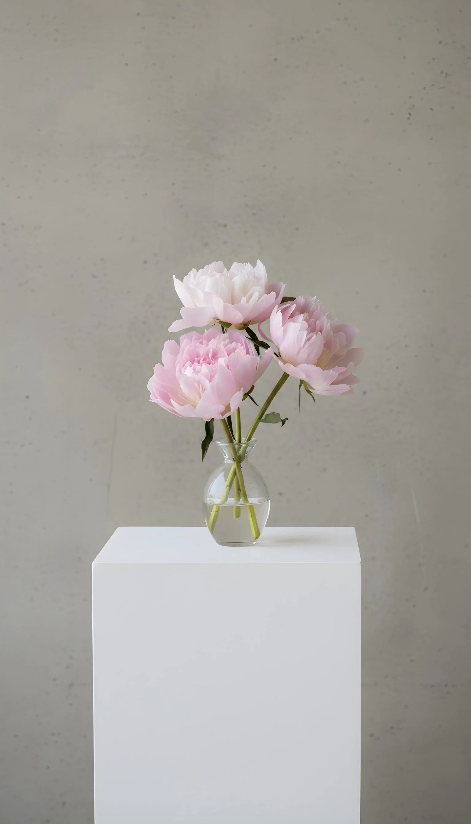 Pink peony flowers in a clear glass vase on a white pedestal against a plain wall.