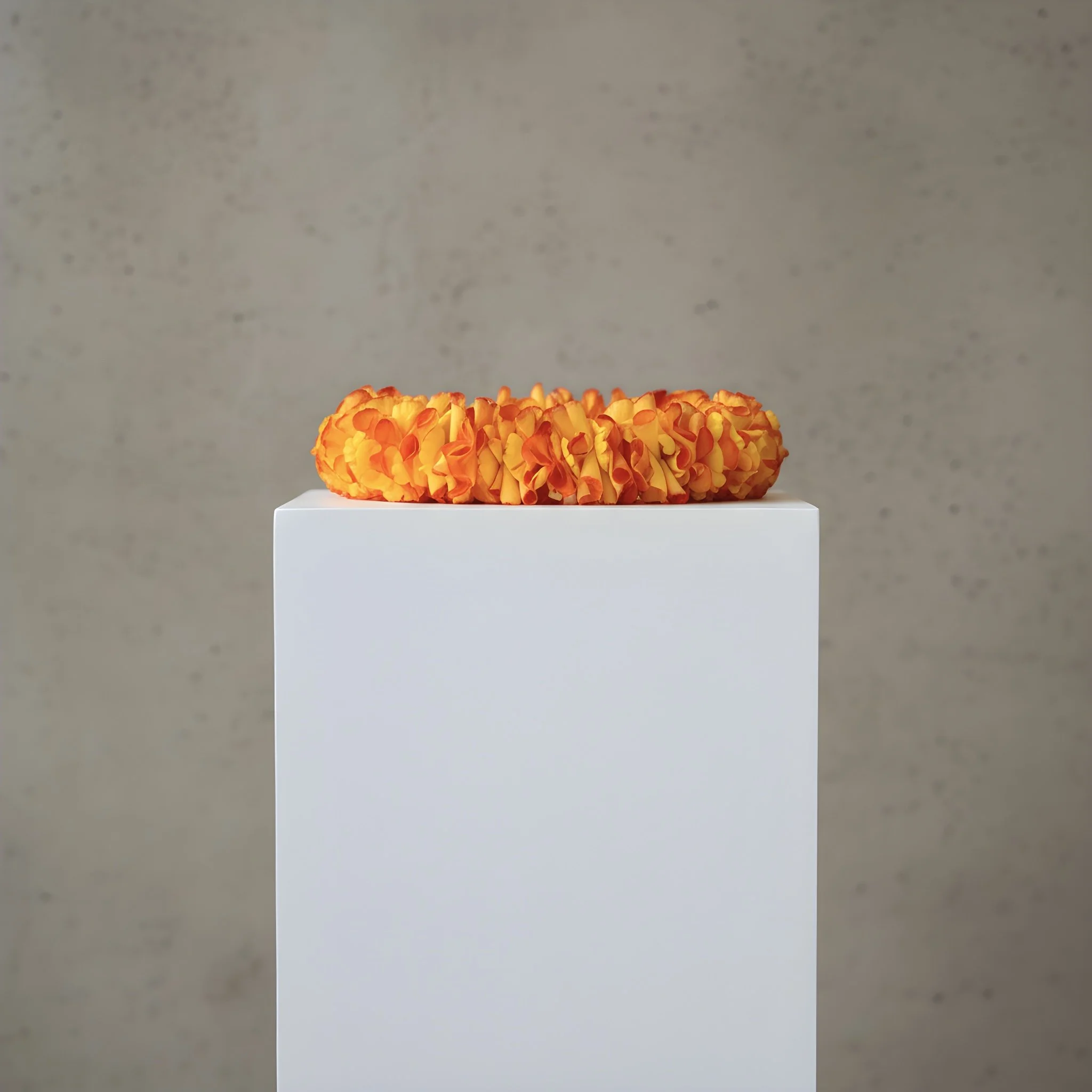 A large, vibrant orange flower with ruffled petals sits on a white pedestal against a plain gray background.