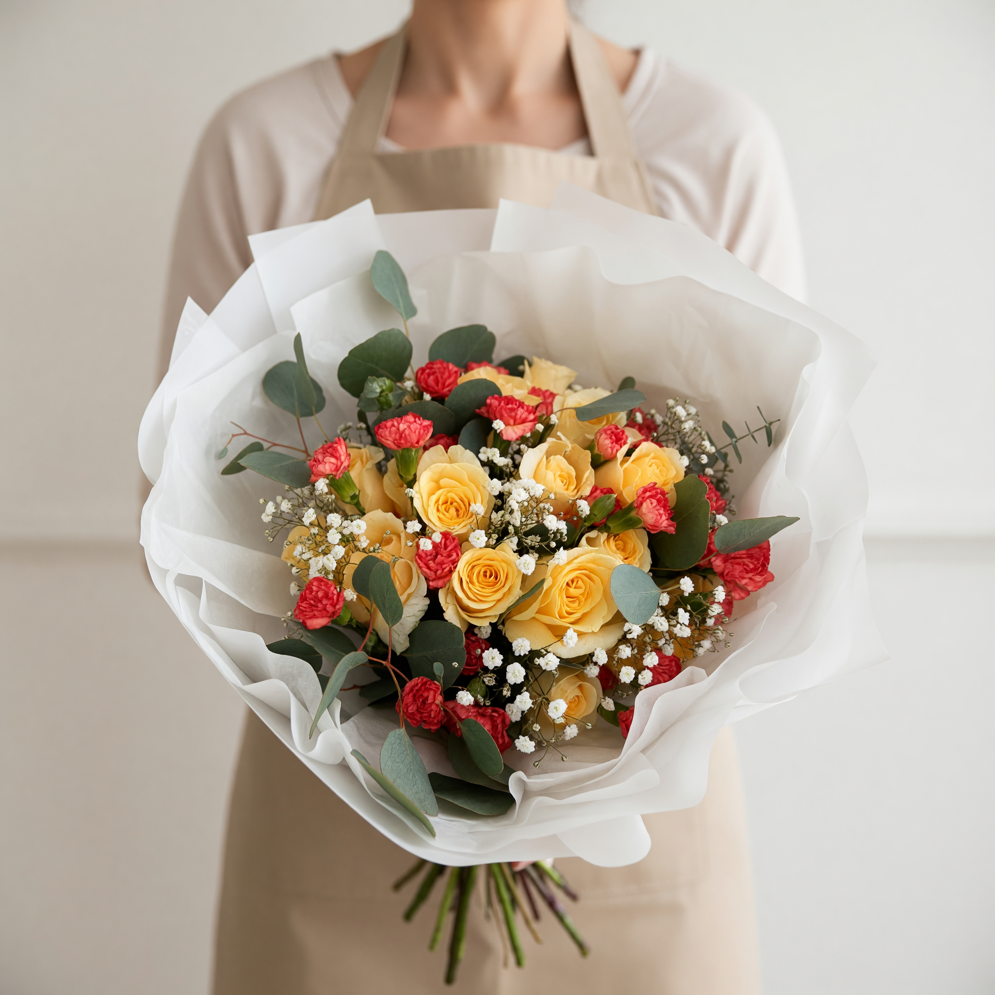 Person wearing a beige apron holding a bouquet of yellow and red flowers with white baby's breath and green leaves, wrapped in white paper.