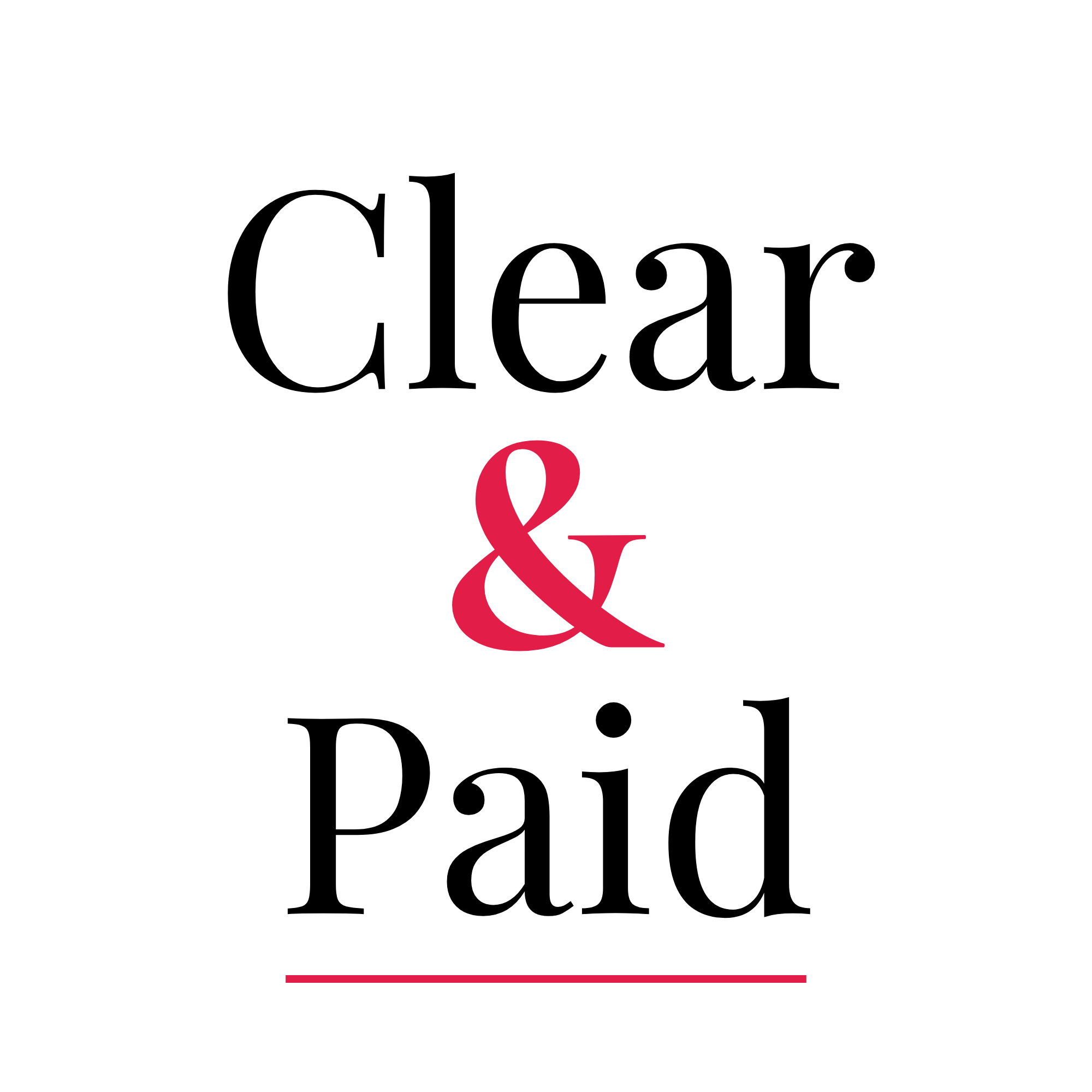The image features the phrase 'Clear & Paid' with the words 'clear' and 'paid' stacked,in in black letters and with an '&' symbol in pink between them, This is all underlined in pink.