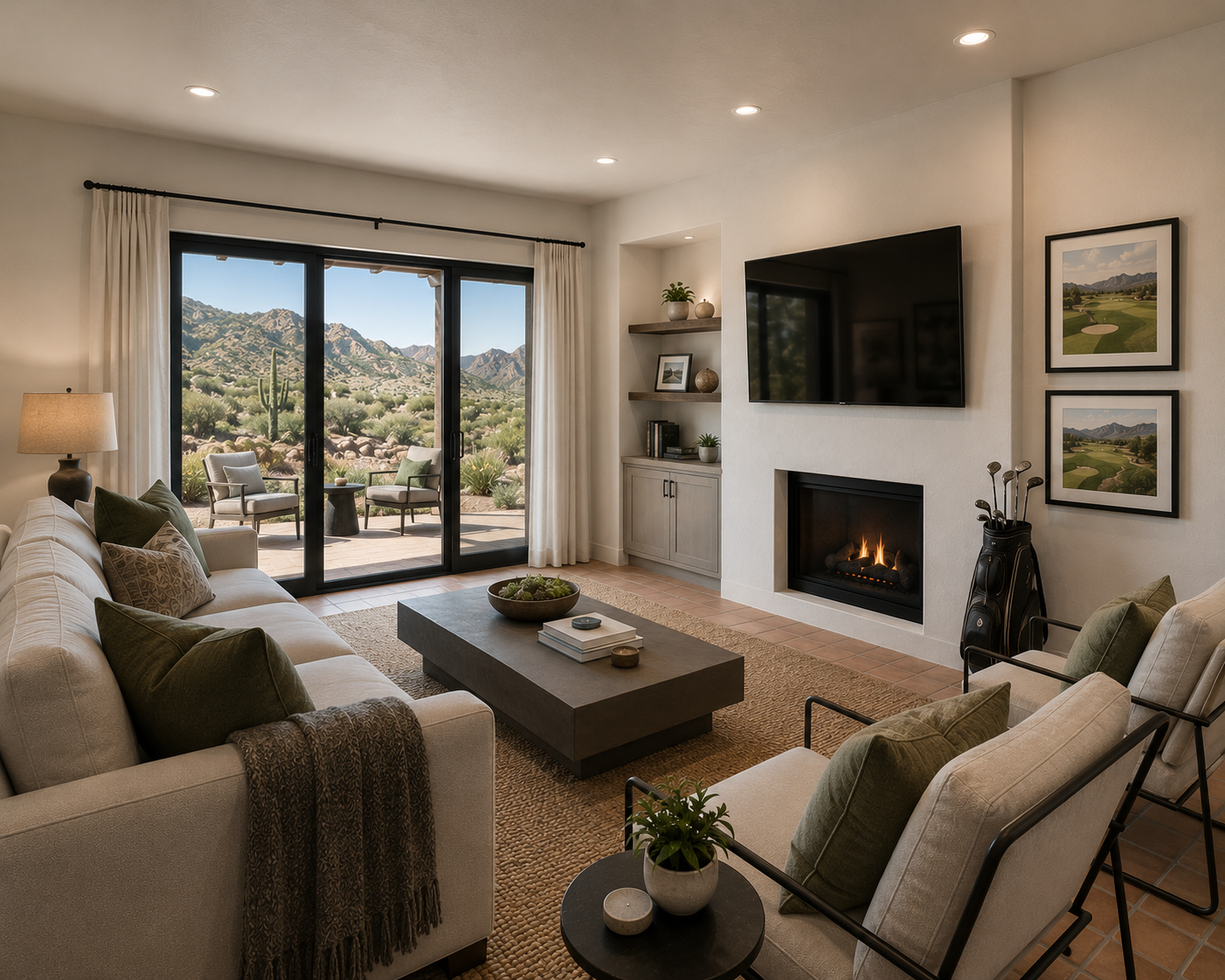 Living room with white sofa and armchairs, fireplace, wall-mounted TV, sliding glass door to desert landscape with mountains, outdoor seating, and potted plants.