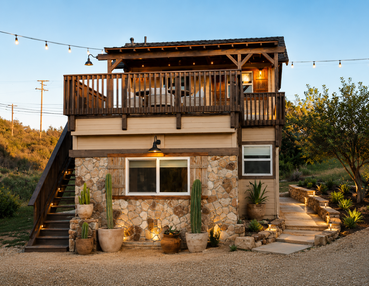 Two-story house with a stone facade, potted cacti, and outdoor lighting, featuring a wooden deck with seating, illuminated at dusk.