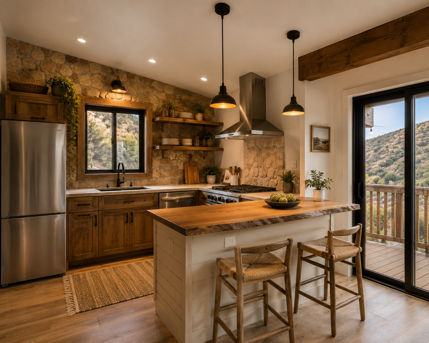 Kitchen with wooden cabinets, stainless steel fridge, stone backsplash, open shelving with dishes and plants, sliding glass door leading to a balcony, and window overlooking hills.