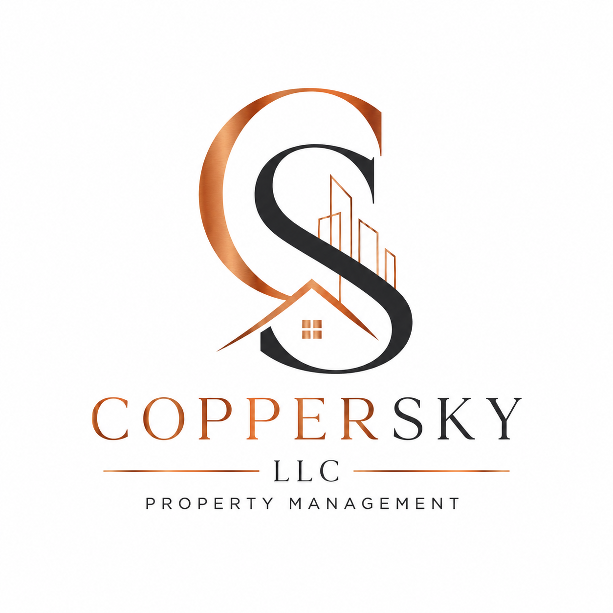 Company logo for CopperSky LLC Property Management featuring a large stylized letter S with a house and cityscape incorporated into the design. The name CopperSky LLC Property Management is written below in orange and black fonts.