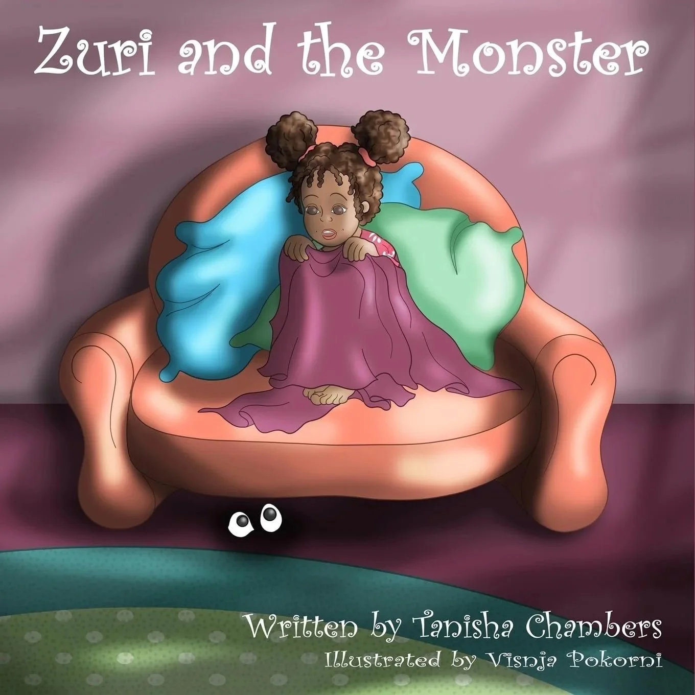 Cover of book titled "Zuri and the Monster" featuring a young girl with curly hair, sitting on a cozy pink armchair with colorful pillows, and looking surprised. The background is a soft purple with the title at the top and author and illustrator credits at the bottom.