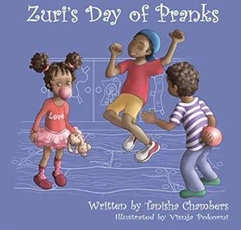 Three children dancing joyfully indoors, with a girl in a pink dress holding a teddy bear, a girl in a red shirt and yellow shorts jumping, and a boy in a striped shirt holding a ball, in a children’s book illustration.