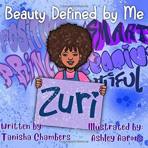 Digital illustration of a smiling woman with curly hair holding a sign that says 'Zuri.' The background features words like 'Beauty,' 'Strong,' 'Smart,' and 'Brilliant,' with a blue and purple color scheme and stars.