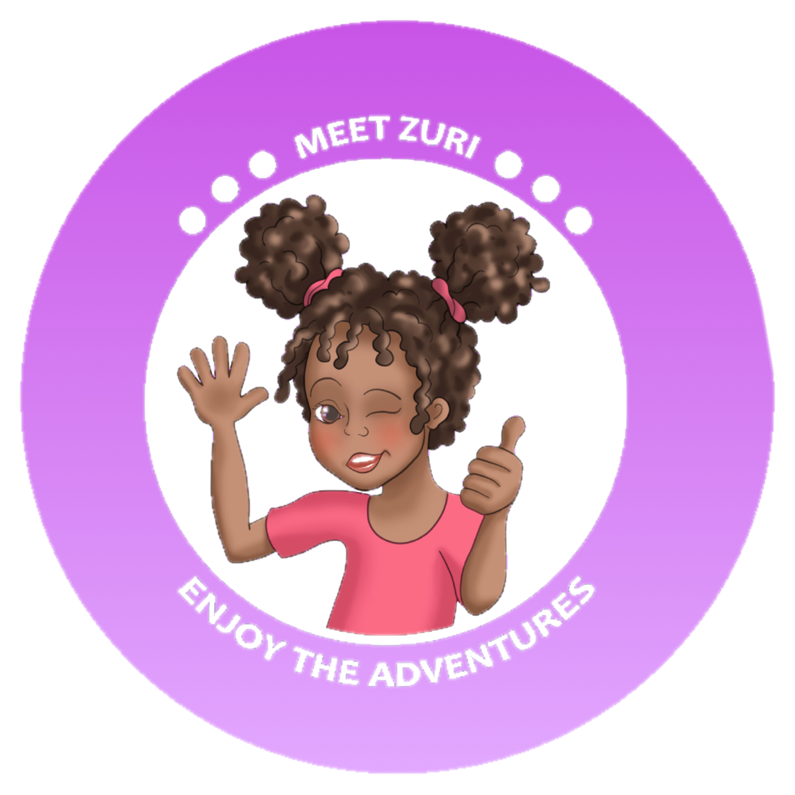 A cartoon girl with curly hair, pink hairbands, and a pink shirt, smiling and giving a thumbs-up, inside a purple circular emblem with the words "Meet Zuri" at the top and "Enjoy the Adventures" at the bottom.
