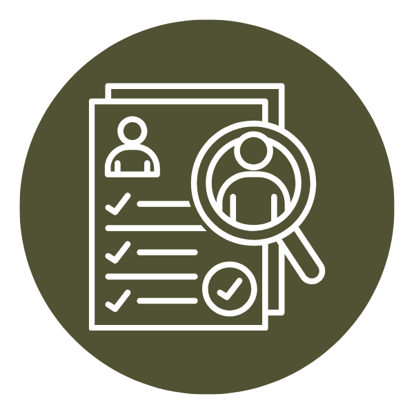 Icon of a person on a clipboard with a magnifying glass
