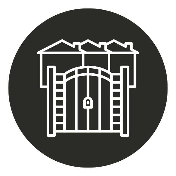 Outline of houses behind a locked gate with a fence, possibly representing community security or housing safety.