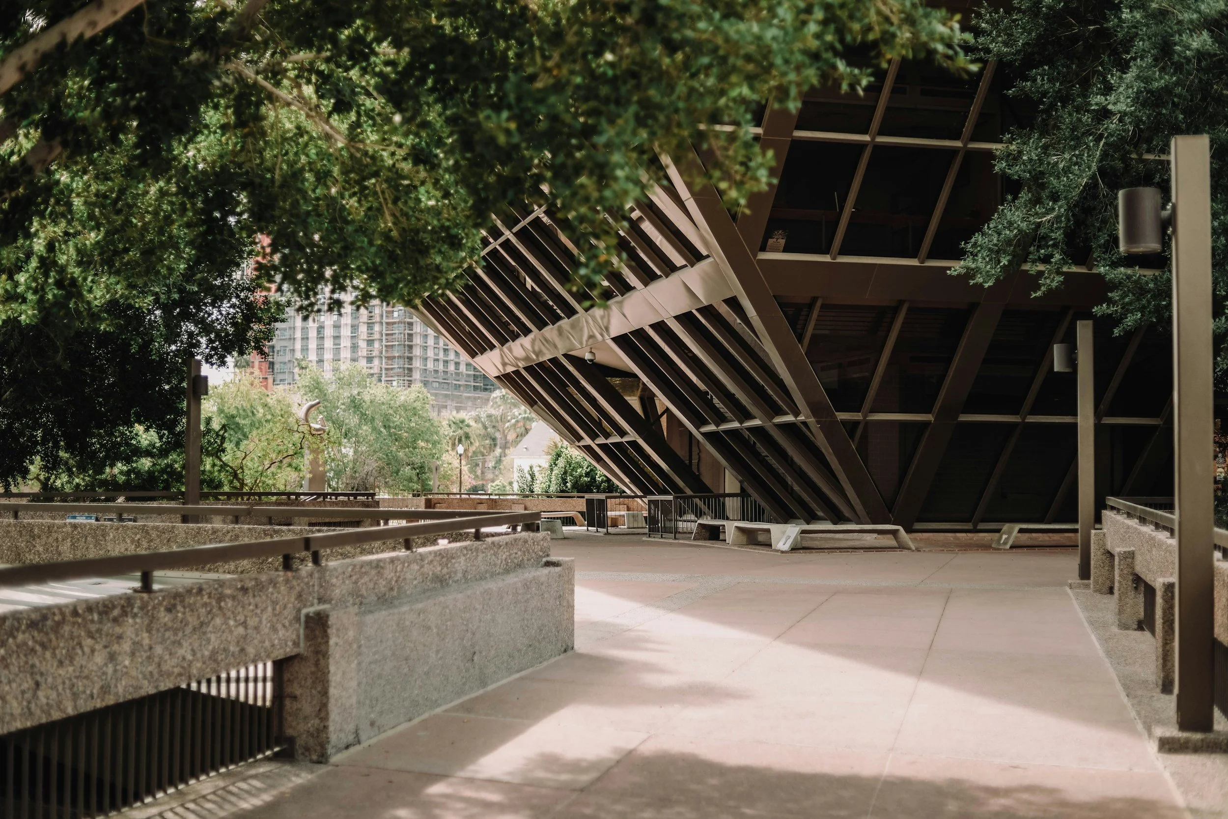 An urban park area with concrete benches and a sidewalk, surrounded by trees with green leaves. In the background, modern high-rise buildings are visible, and there is a large, angular architectural structure made of wood or metal beams.
