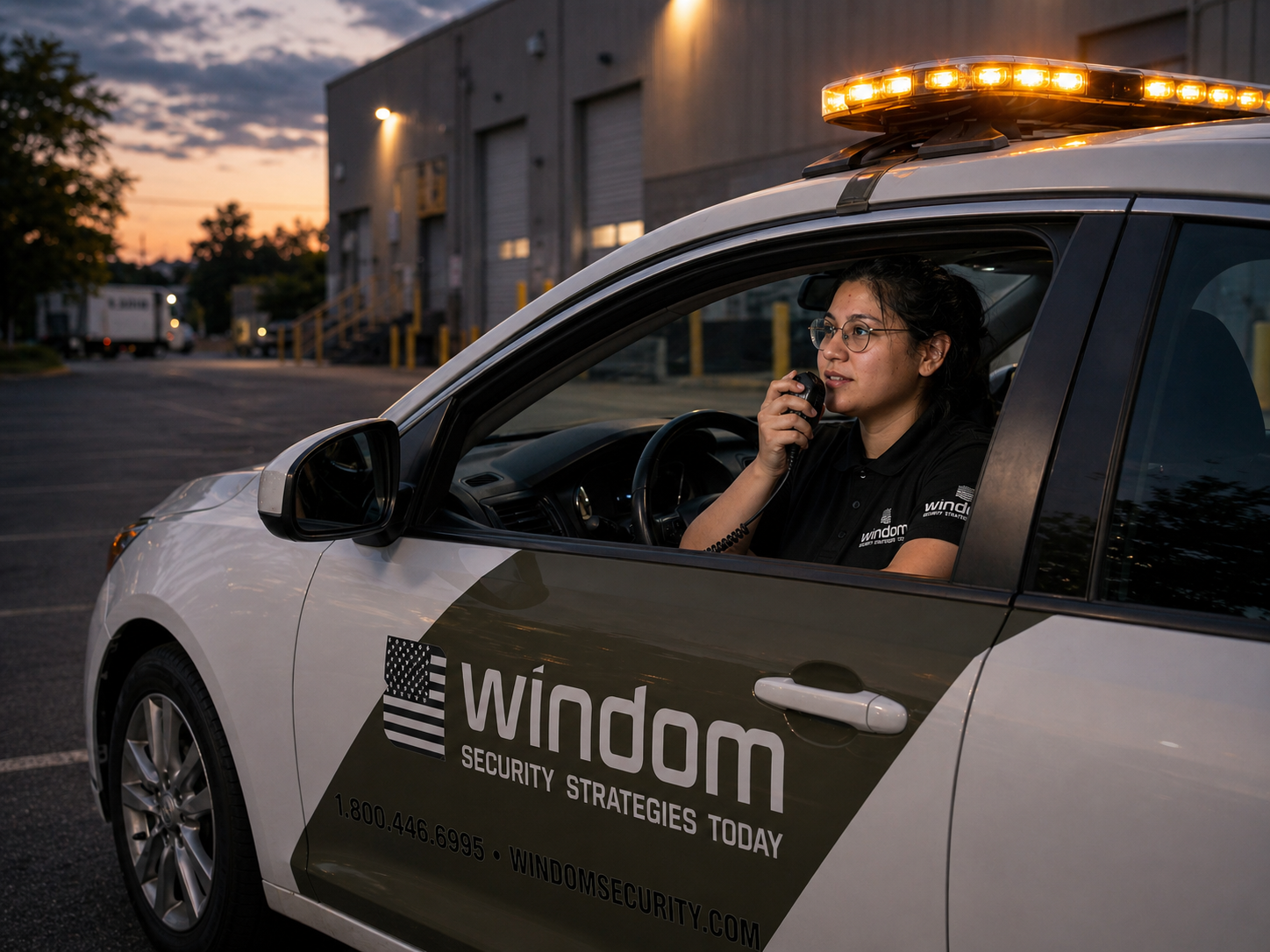 A female police officer sitting in a patrol car in an empty parking lot during dusk, holding a radio to her mouth.