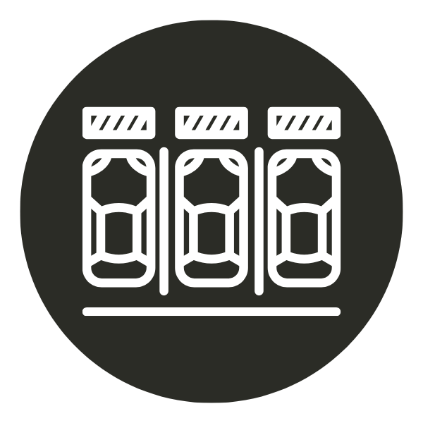 Icon of three cars parked side by side in a row, viewed from above, with a ground line underneath, on a dark circular background.