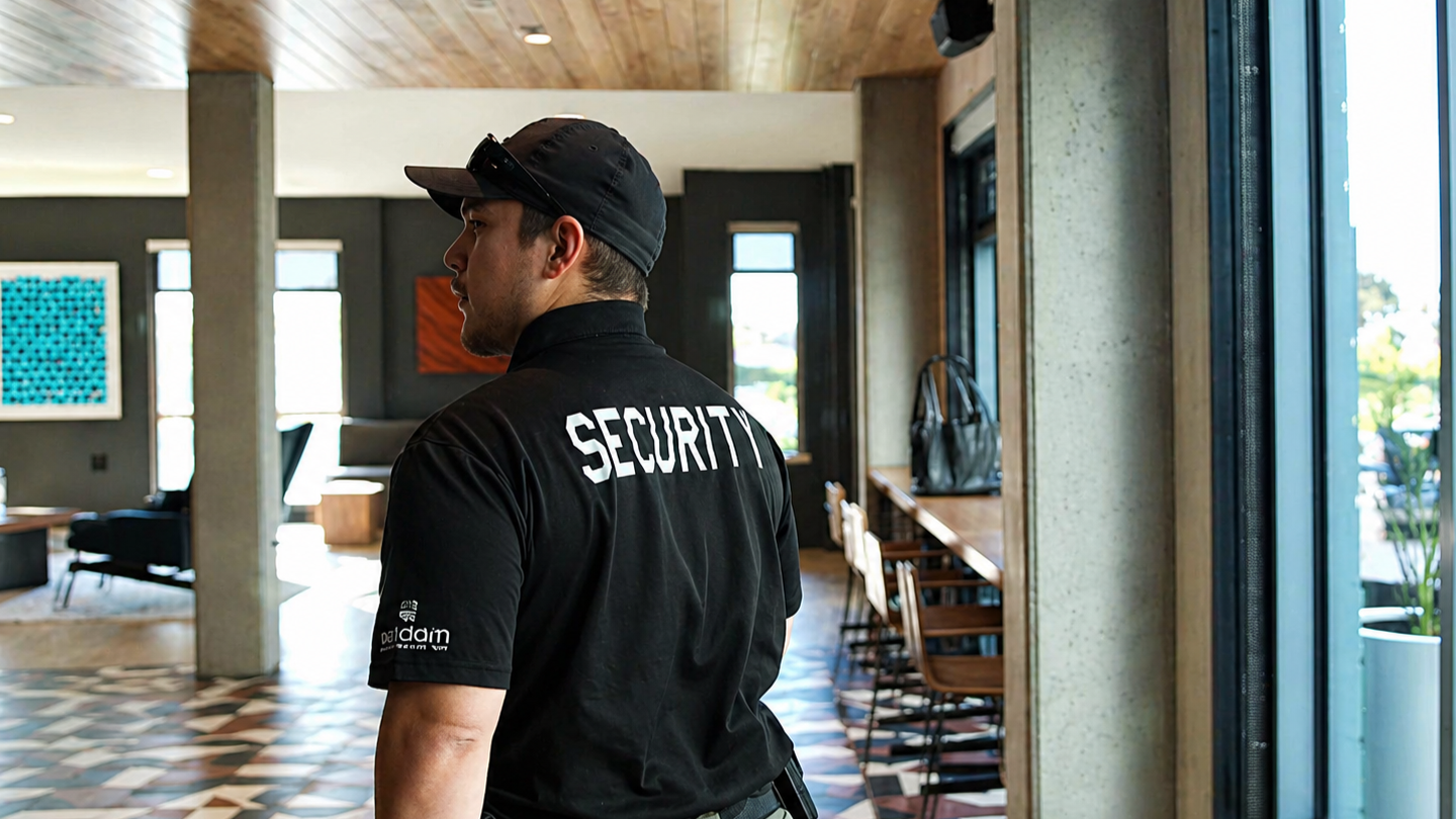 A security guard stands indoors near a glass door, wearing a black shirt with "SECURITY" written on the back, and a black cap. The area has colorful art on the walls, large windows, and a row of chairs along the wall.
