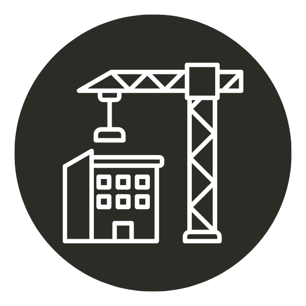 Outline of a construction crane next to a building under construction.