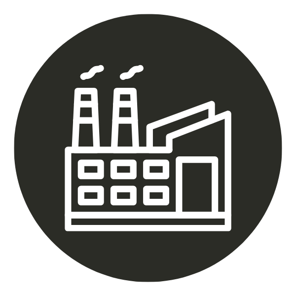 Icon of a factory with two smokestacks emitting smoke and a building with a sloped roof.