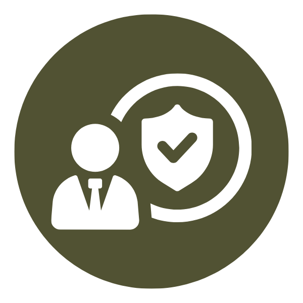 Icon of a person in a suit with a shield and checkmark, representing security or insurance.