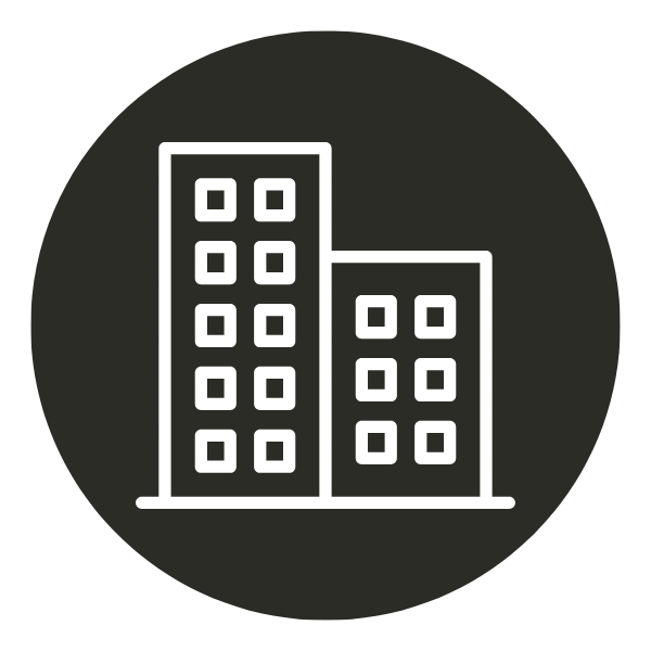 Icon of two tall office buildings with multiple windows.
