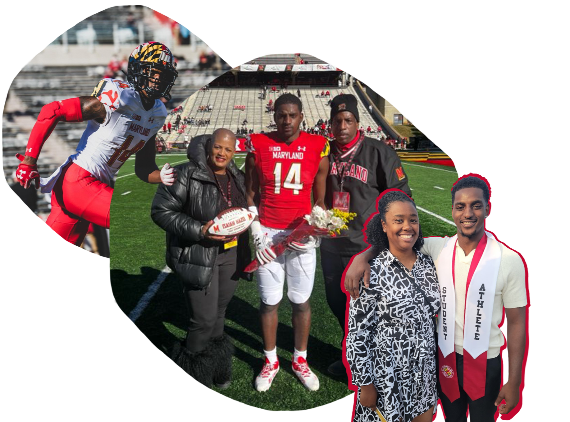 Group of people, including a football player in Maryland jersey holding flowers, a woman with an NFL football, and two individuals in academic outfits, standing on a football field with empty stadium seats in the background.