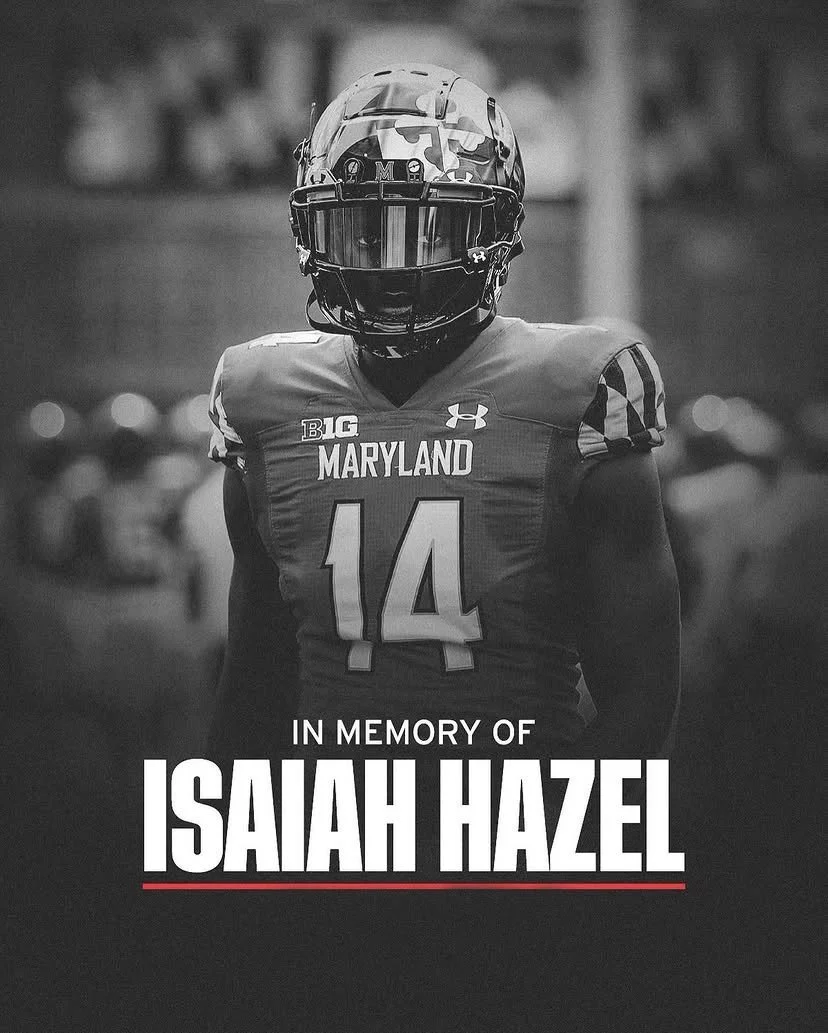 Black and white image of a football player in uniform with the number 14, standing on a football field. Text overlay reads 'In Memory of Isaiah Hazel'.