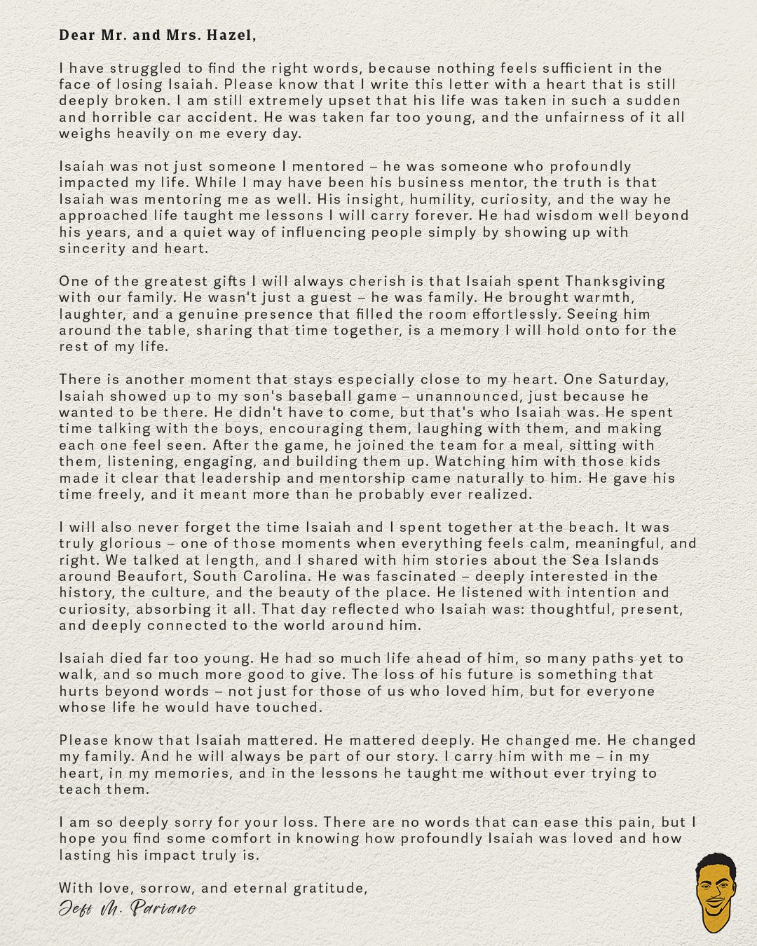 A letter addressed to Mr. and Mrs. Hazel, reflecting on personal memories and lessons learned from Isaiah.
