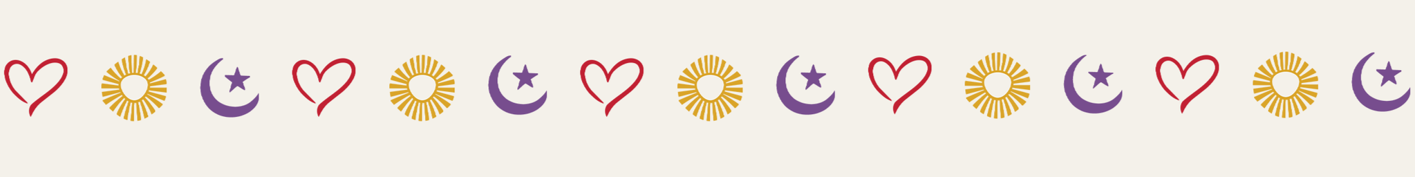 Row of decorative symbols symbolizing the foundation's pillars including red hearts, yellow suns, purple crescent moons with stars, repeated in pattern.