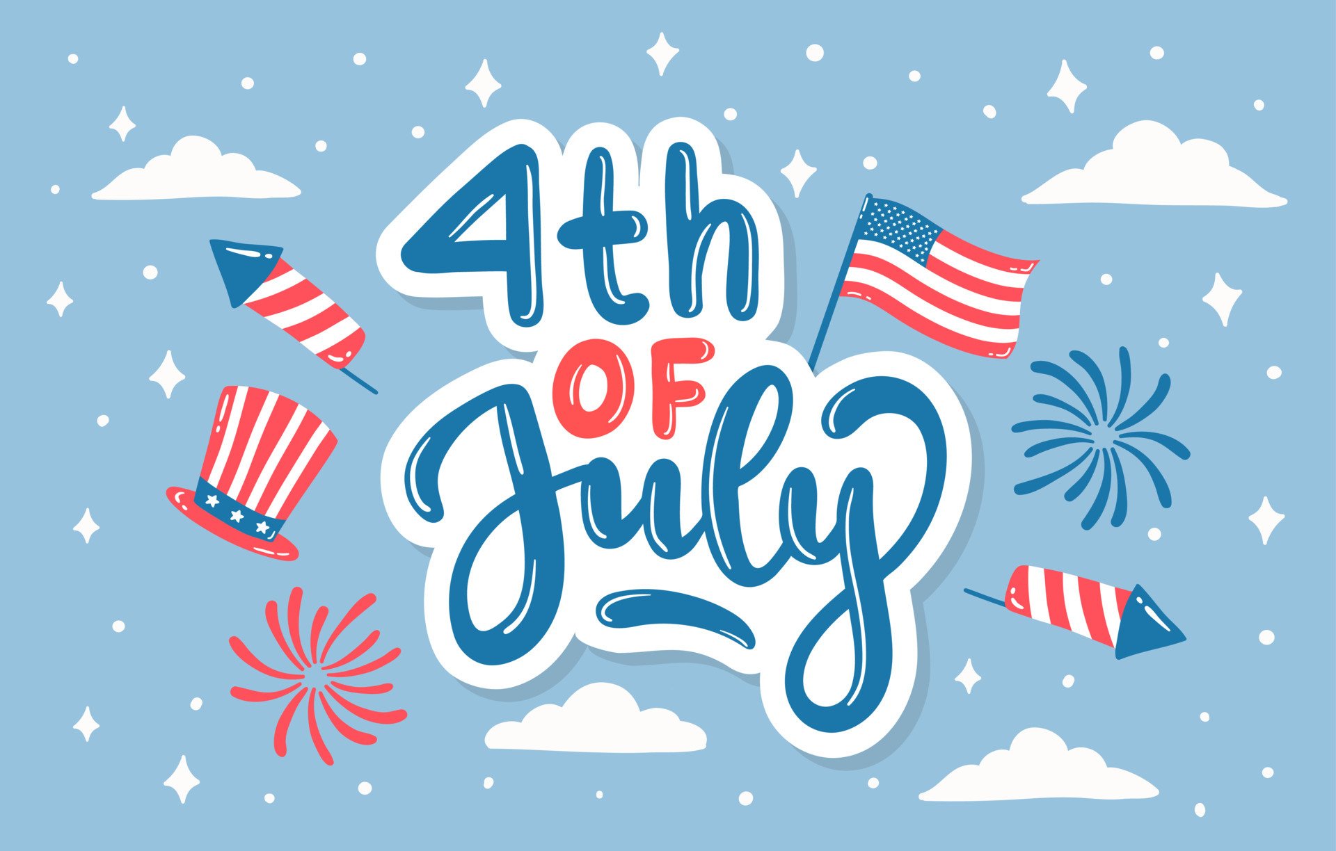 Celebratory 4th of July graphic with firework fireworks, American flags, and patriotic-themed decorations on a light blue background.