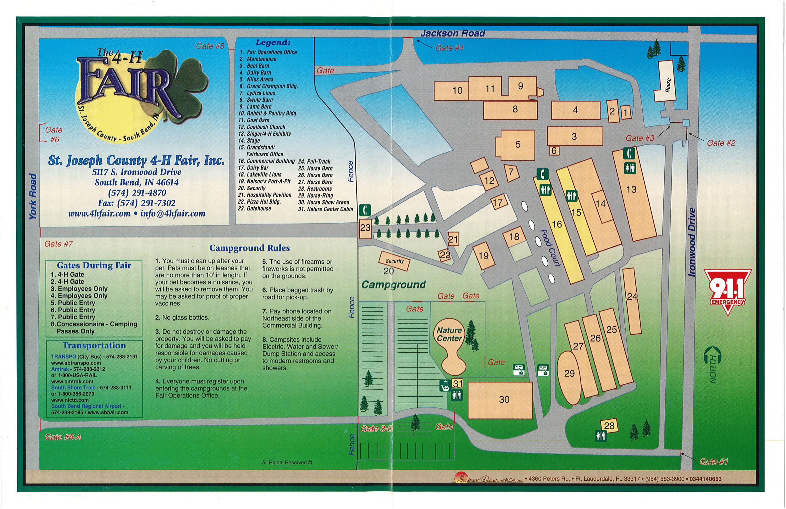 Map of the St. Joseph County 4-H Fair grounds showing various buildings, gates, and facilities including parking, restrooms, and specific event areas, with a legend and rules for fair attendees.