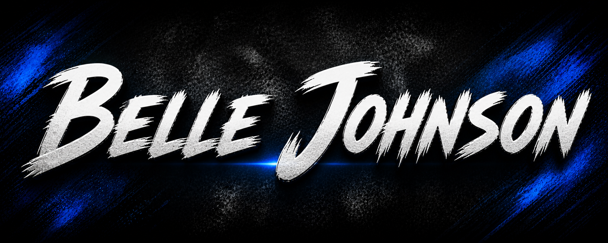 Stylized text reading "Belle Johnson" with a textured silver appearance, set against a dark background with blue streaks and light effects.