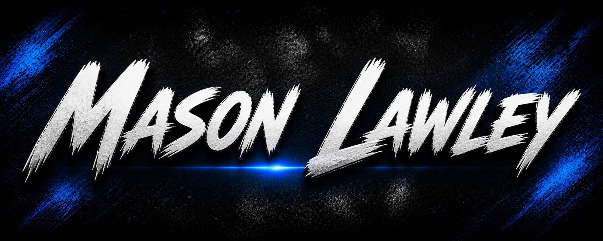 Graphic with the name 'MASON LAWNEY' in bold, stylized white letters with a textured metallic appearance against a dark background with blue streaks and a subtle source light glow.