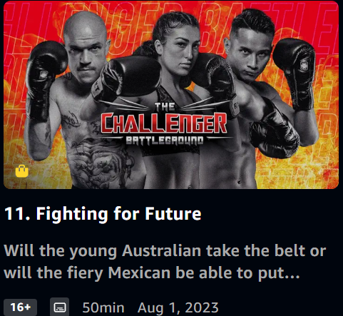 Promotional poster for the TV show 'The Challenger: Battleground' featuring three fighters in boxing gloves, with a red and yellow background, and the show's title in bold red and white lettering.
