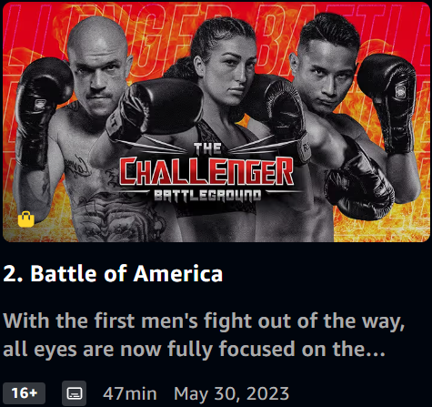 Poster for 'The Challenger Battleground' featuring three fighters in boxing stance with intense expressions, background with red and orange flames, and the show's logo.