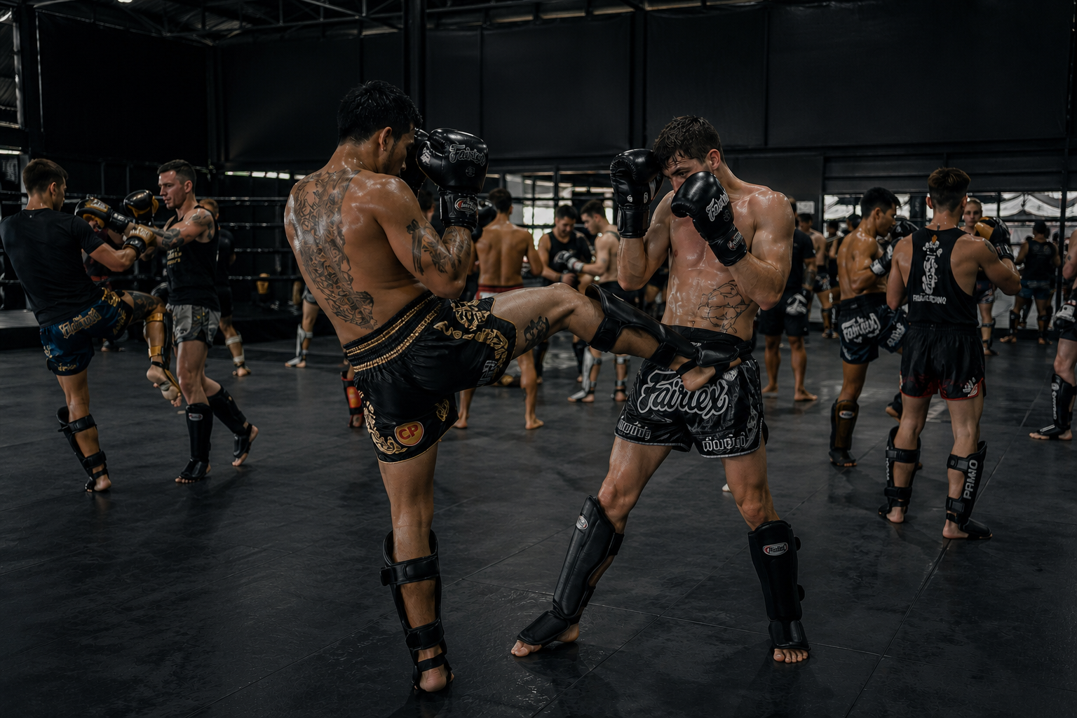 Mixed martial arts fighters practicing in a gym, with two fighters in the foreground sparring while wearing gloves and shin guards, and other fighters in the background training.