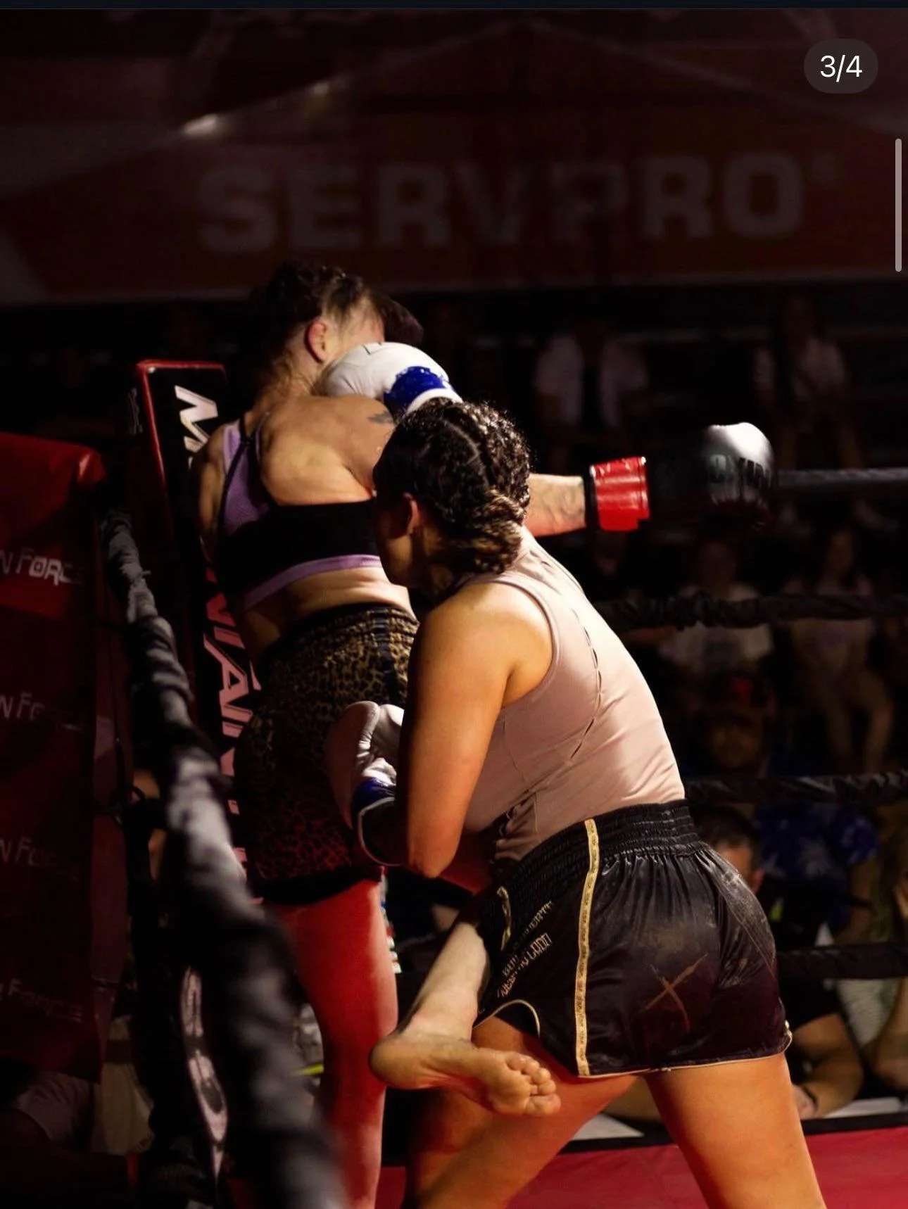 Mixed martial arts fight in a ring with fighters engaging, one throwing a punch, the other defending; referee observing closely, crowd in the background.