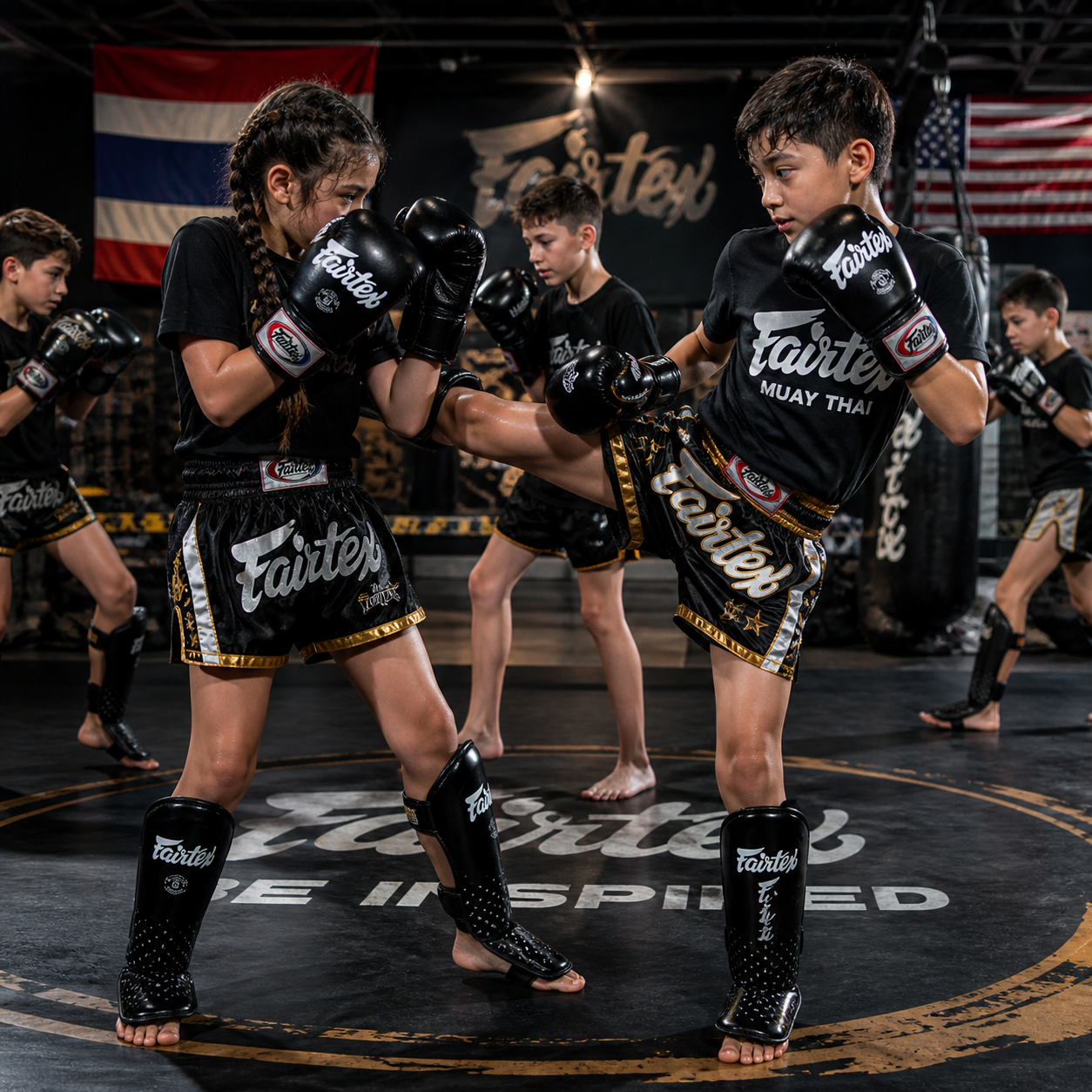 Young kids practicing Muay Thai in a gym, wearing black training gear with gold accents, gloves, and shin guards, with an American flag and other kids in the background.