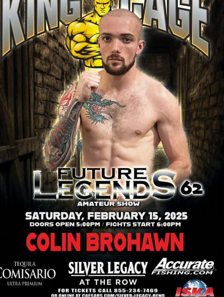 Poster for an amateur boxing show titled 'Future Legends 62' featuring Colin Brohawn scheduled for Saturday, February 15, 2025. The poster shows a shirtless, tattooed man with a beard and bald head, standing in a boxing stance. The background is them