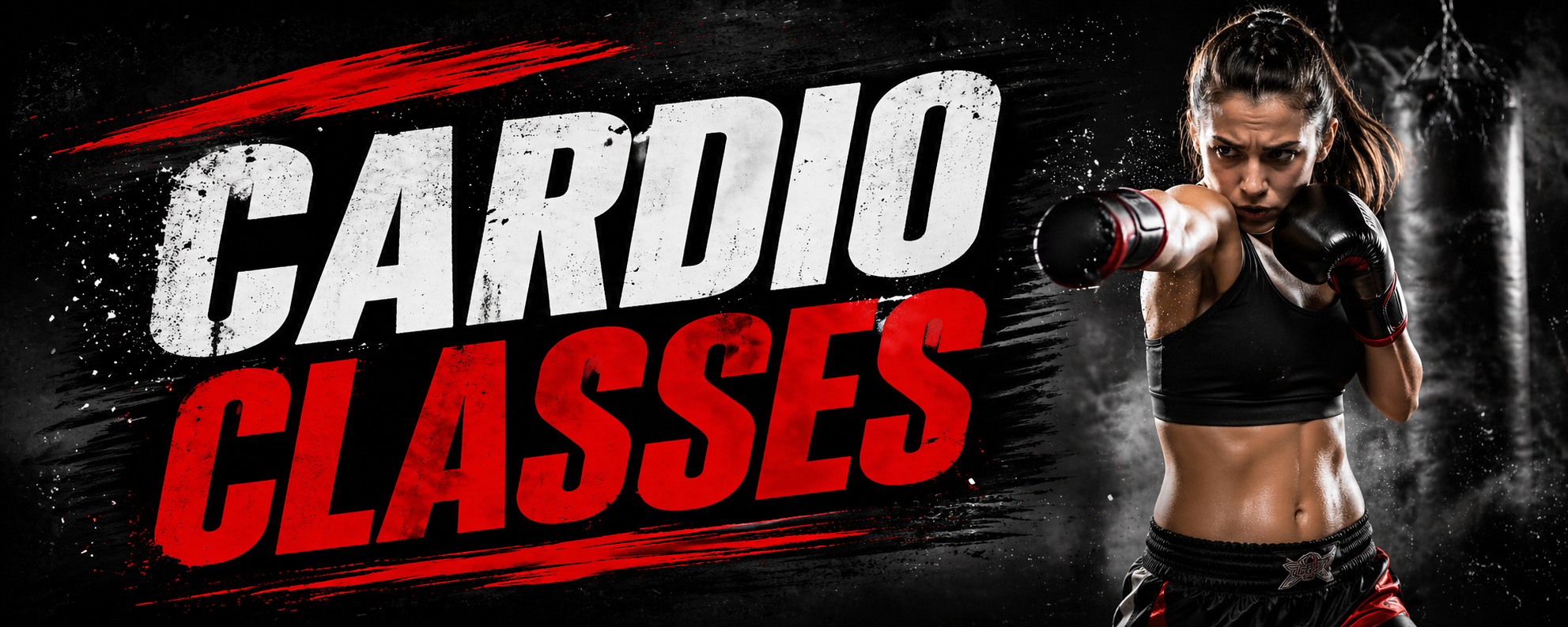 A woman boxing in a gym with a punching bag in the background, advertising cardio classes.