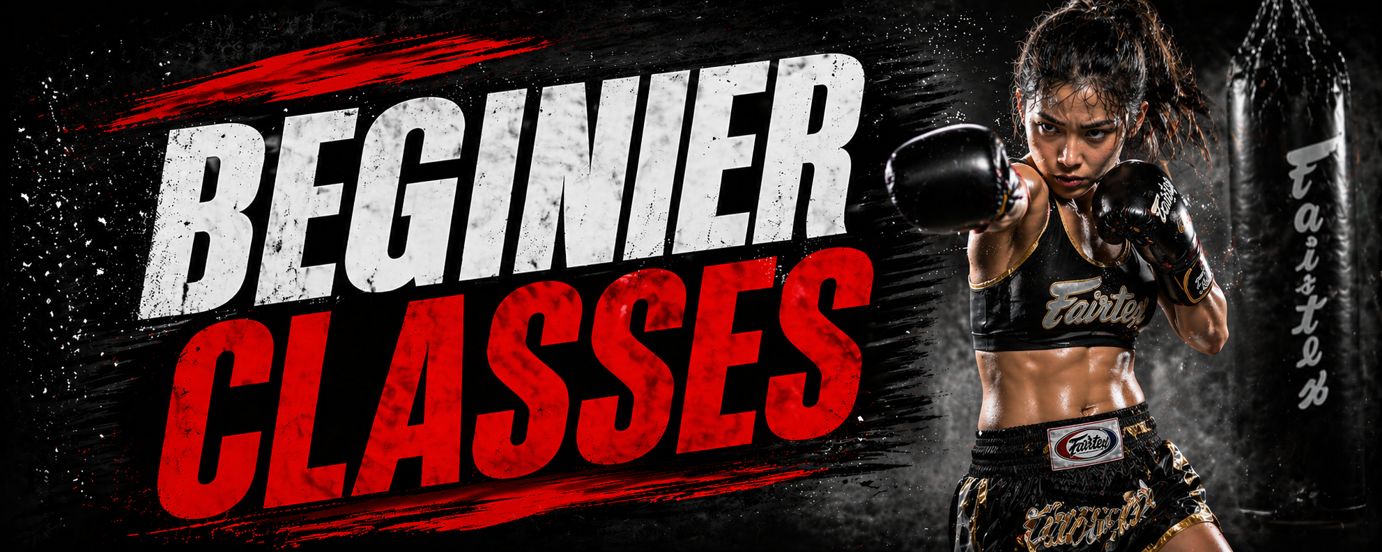 A female boxer in black and gold athletic gear, wearing boxing gloves, punches towards the camera with a determined expression, with a punching bag in the background. The words 'BEGINNER CLASSES' are prominently displayed in bold white and red text on a dark, textured background.