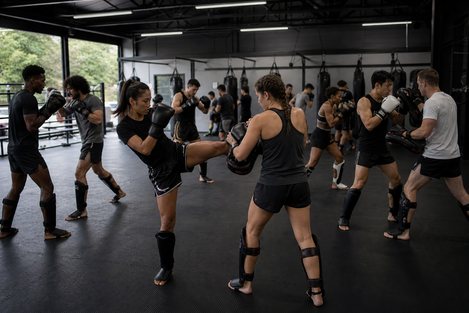 Muay Thai fighters practicing and sparring in a gym with boxing gloves and pads.